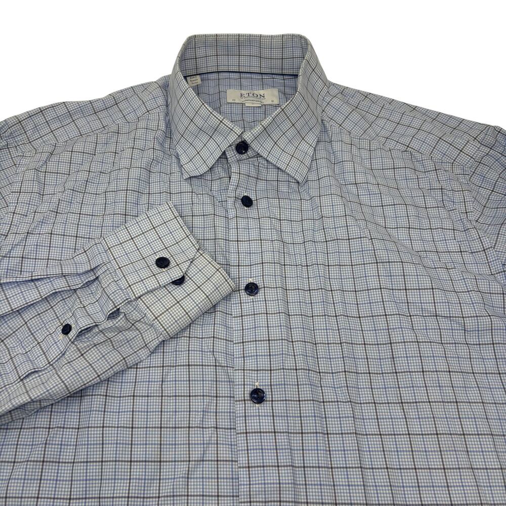 Eton Mens 17-43 Blue Check Plaid Long Sleeve‎ Button Down Classic Dress Shirt